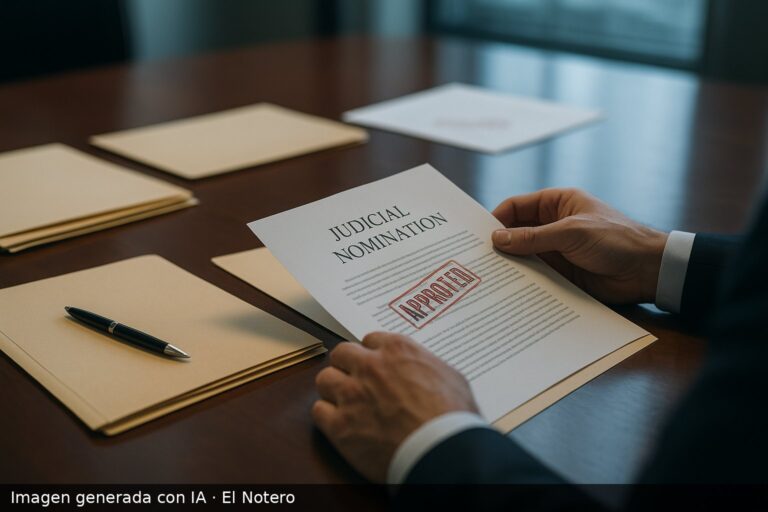 Manos anónimas revisando expedientes de postulaciones judiciales sobre una mesa de reunión, con papeles y carpetas desenfocados alrededor.