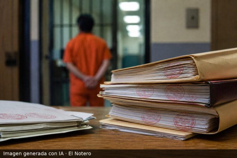 Pila de expedientes judiciales sobre un escritorio, con un pasillo iluminado al fondo y una persona de espaldas desenfocada detrás de una puerta enrejada.