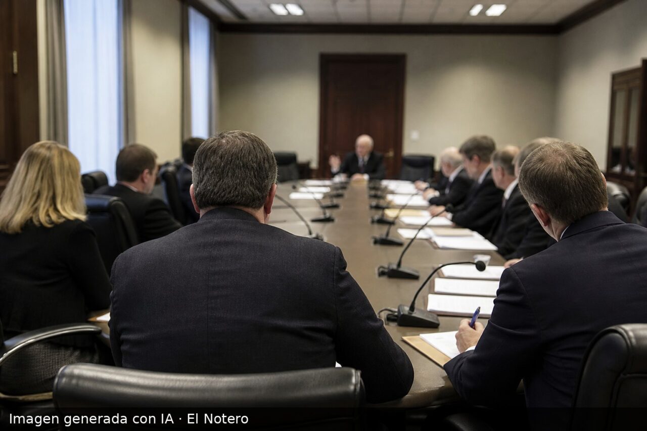Sala de comisión parlamentaria con funcionarios sentados alrededor de una mesa, vistos de espaldas o de perfil y sin rostros visibles, con carpetas y micrófonos bajo luz de interior.