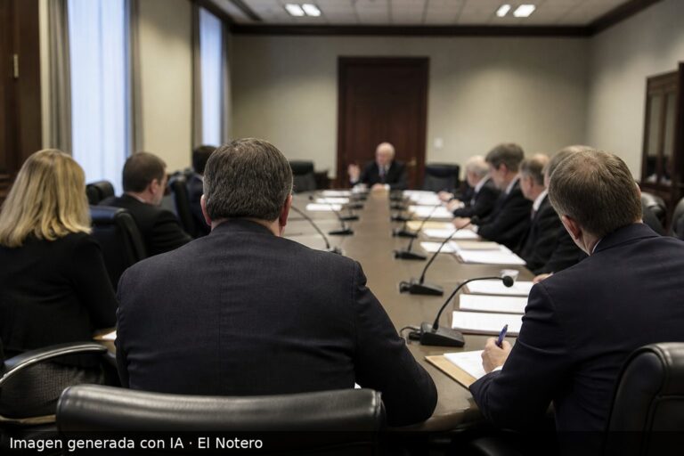 Sala de comisión parlamentaria con funcionarios sentados alrededor de una mesa, vistos de espaldas o de perfil y sin rostros visibles, con carpetas y micrófonos bajo luz de interior.