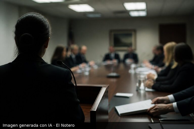 Una reunión en una sala de oficinas, con personas anónimas alrededor de una mesa y un funcionario de espaldas frente a un atril.
