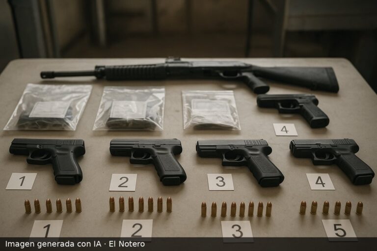 Mesa con armas y municiones incautadas ordenadas junto a bolsas de evidencia, en un entorno vinculado a seguridad fronteriza.
