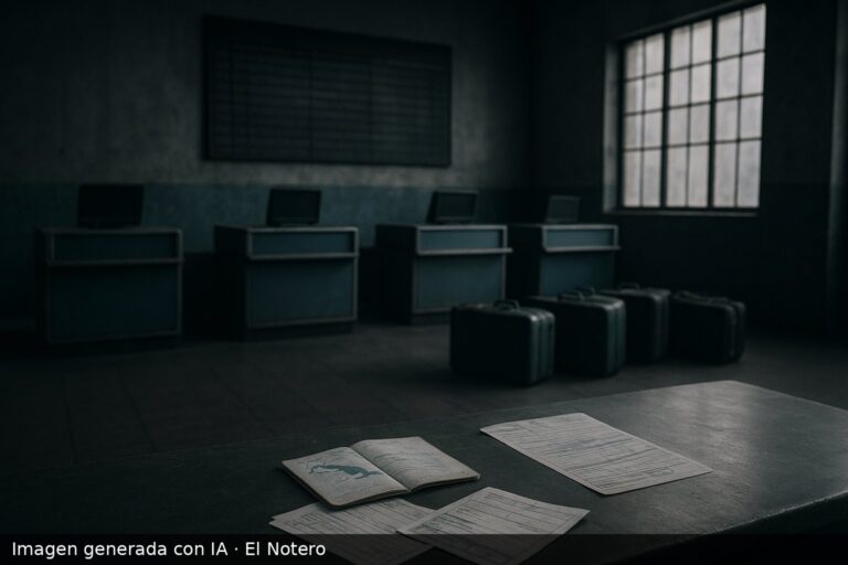 Sala de aeropuerto vacía con valijas y documentos de viaje, evocando restricciones para viajar a Cuba.