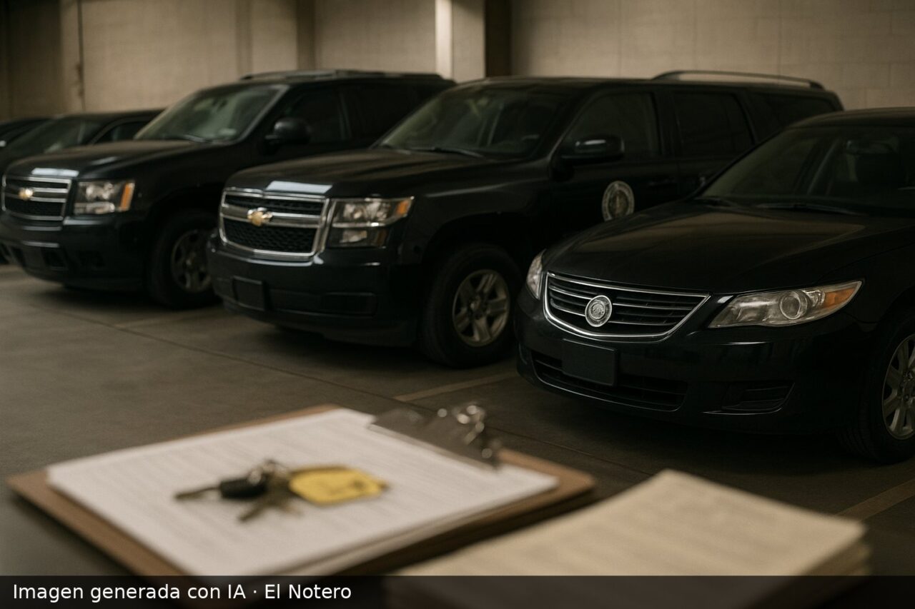 Autos oficiales estacionados en un garaje institucional, con papeles administrativos desenfocados al frente.