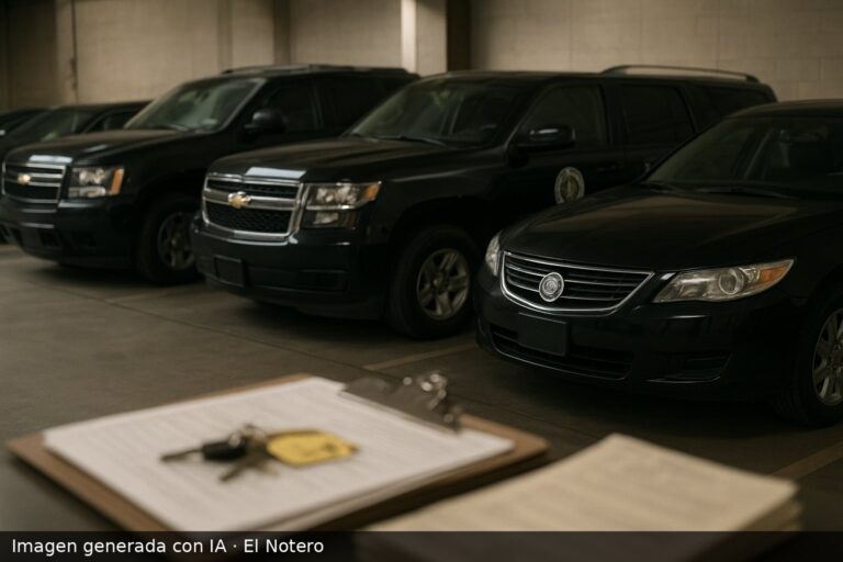 Autos oficiales estacionados en un garaje institucional, con papeles administrativos desenfocados al frente.