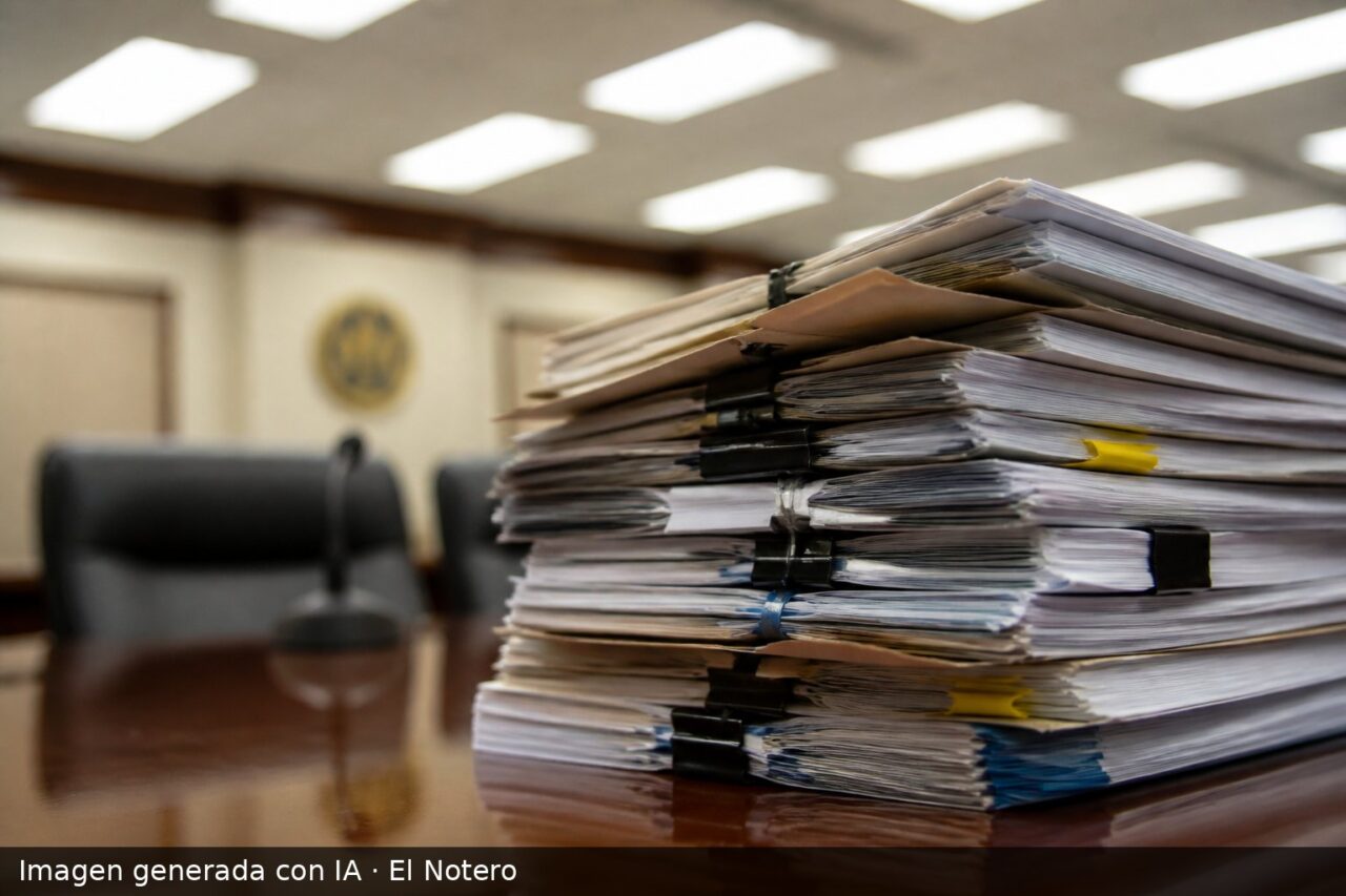 Una pila de expedientes y carpetas de acreditación académica sobre una mesa, con una oficina de fondo desenfocada.