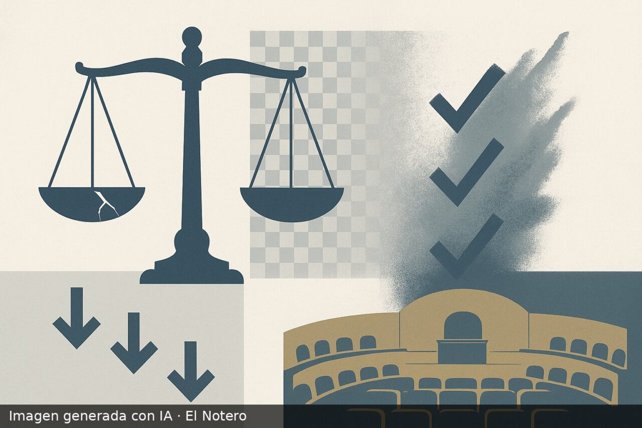 Ilustración editorial de una balanza institucional agrietada, una grilla de transparencia que se desvanece y símbolos abstractos de control y participación debilitados.