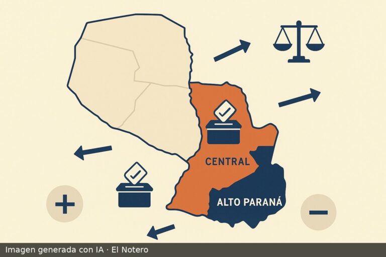 Ilustración de un mapa político de Paraguay con Central y Alto Paraná destacados y símbolos abstractos de votación y peso territorial.