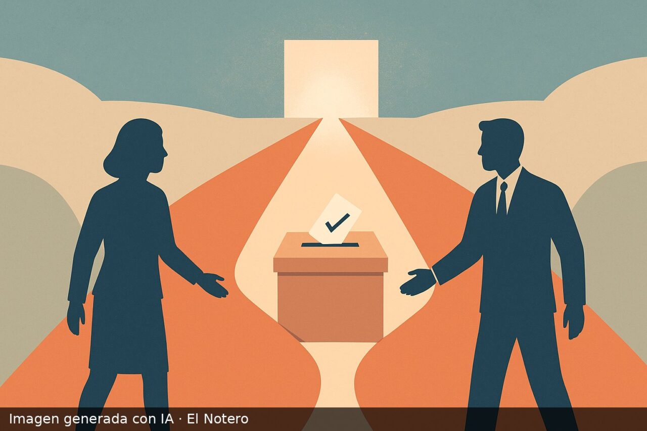 Ilustración de una negociación política que apunta a una salida electoral, con un camino hacia una urna y una luz al fondo.