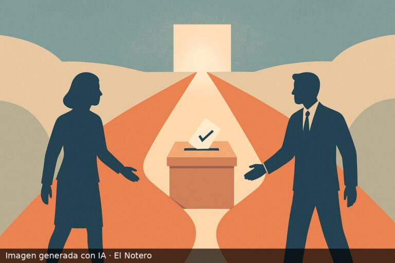 Ilustración de una negociación política que apunta a una salida electoral, con un camino hacia una urna y una luz al fondo.