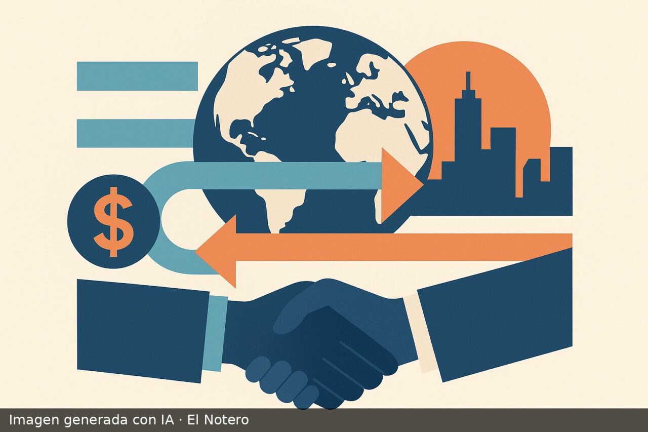 Ilustración editorial de flujos de inversión y libre comercio entre Argentina y Francia, con flechas, siluetas abstractas y estética plana.