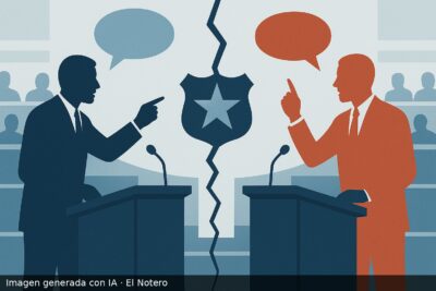 Ilustración de un debate parlamentario tenso sobre la reforma policial, con dos posiciones enfrentadas en una sala de Senado estilizada y sin rostros.