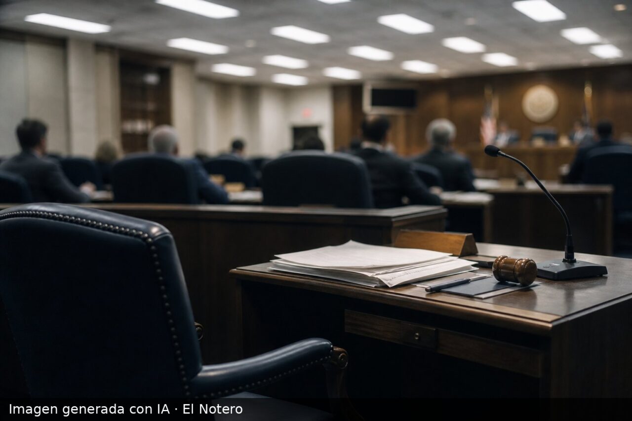 Sala de deliberación con un escaño vacío, papeles y micrófono en primer plano, y funcionarios desenfocados al fondo bajo luz fría.