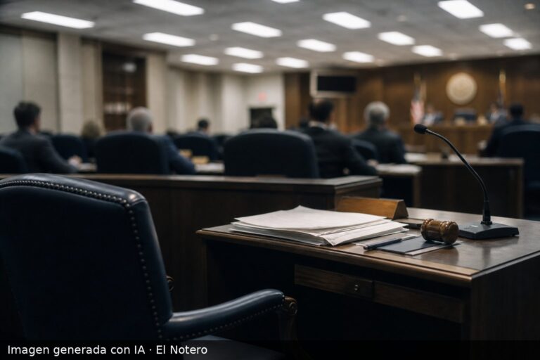 Sala de deliberación con un escaño vacío, papeles y micrófono en primer plano, y funcionarios desenfocados al fondo bajo luz fría.