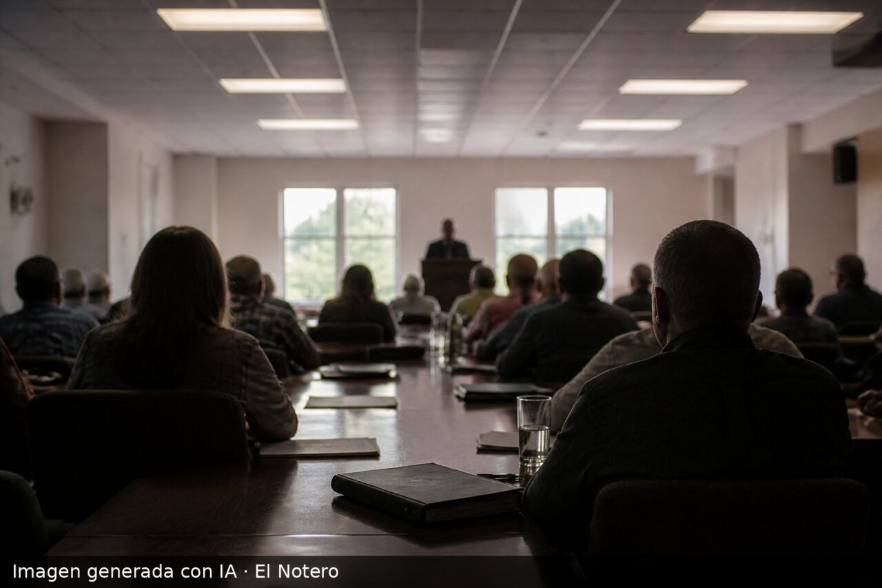 Reunión rural vista desde atrás, con personas anónimas alrededor de una mesa, una figura en un atril y papeles sobre la mesa.