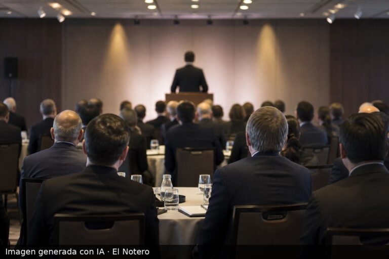 Sala de encuentro empresarial vista desde atrás, con asistentes sentados frente a un atril iluminado y una figura de espaldas hablando al fondo.