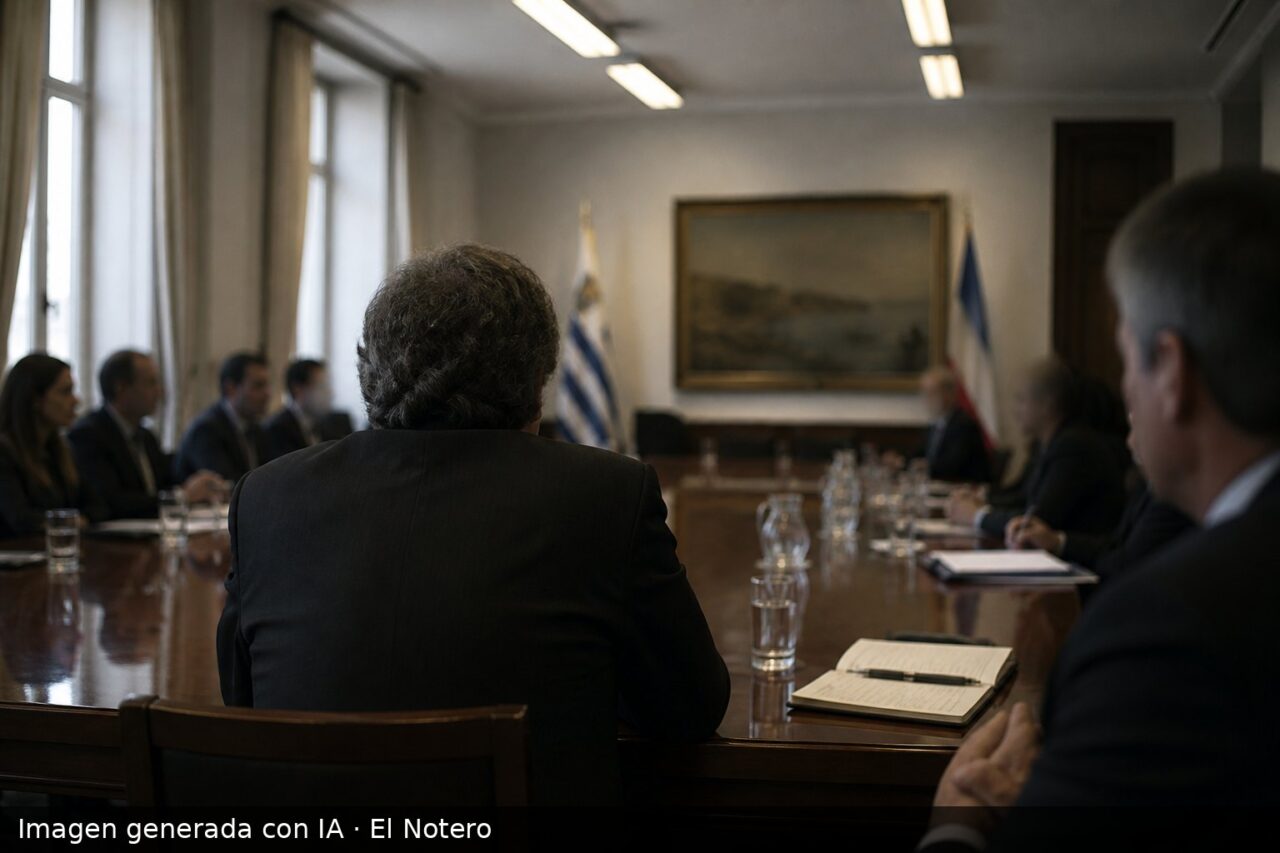 Una reunión formal en una sala institucional, con delegaciones sentadas alrededor de una mesa y las caras fuera de foco o fuera de cuadro.