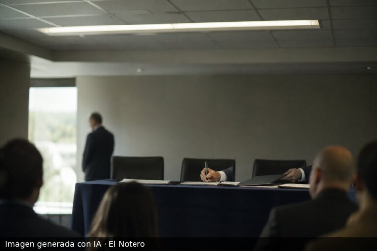 Sala de prensa con funcionarios anónimos sentados detrás de una mesa, manos firmando carpetas de contratos individuales y una figura desenfocada cerca de una ventana.