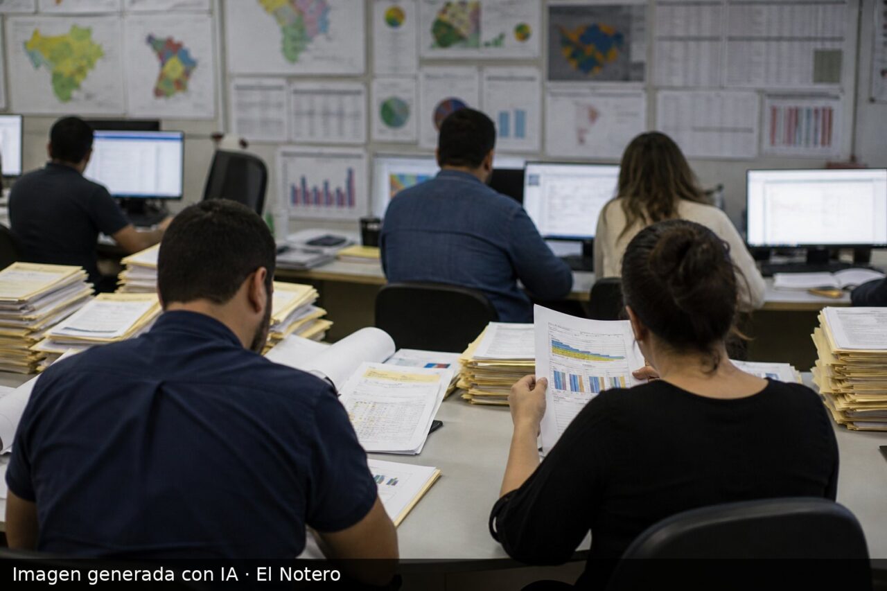 Interior de una oficina de encuestas con personas de espaldas revisando gráficos y carpetas, en un ambiente de trabajo periodístico.
