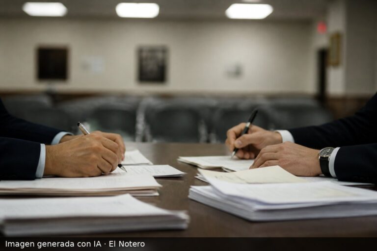 Primer plano de dos personas firmando papeles de una candidatura en una mesa de reunión, con el resto de la sala desenfocado.
