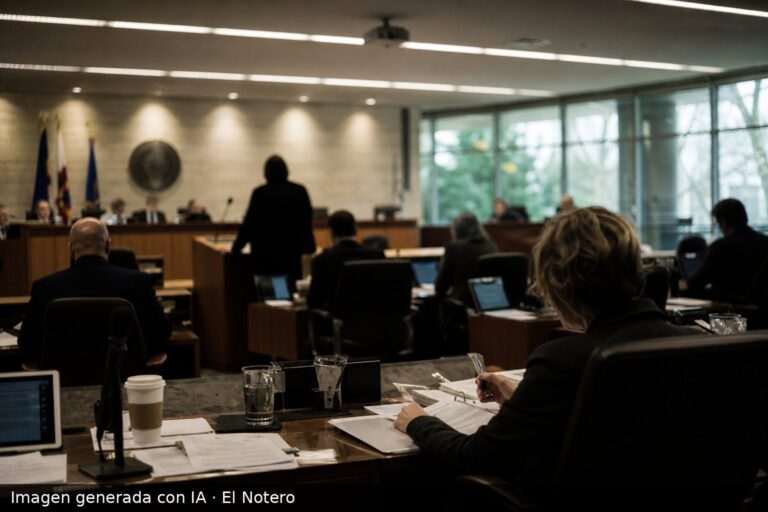 Sala de concejo municipal con varias personas sentadas y una figura en un atril, vistas de espaldas o en silueta, con papeles y micrófonos sobre las bancas.