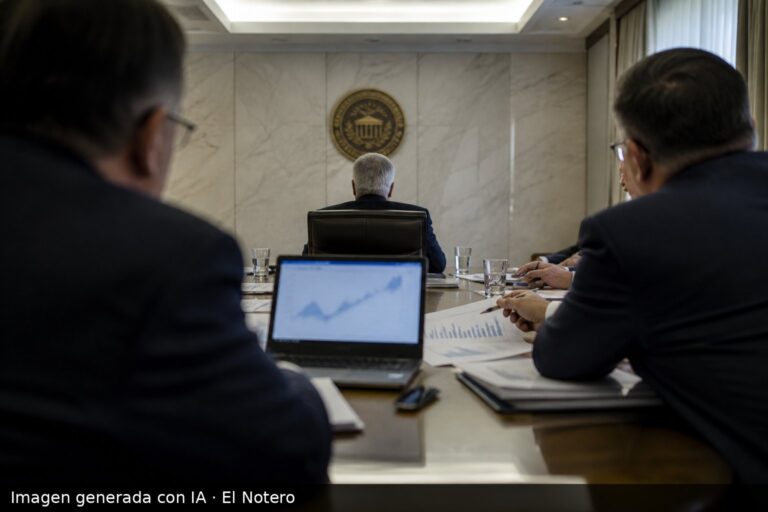 Sala de reunión institucional con funcionarios anónimos de espaldas y de perfil, con gráficos y papeles sobre la mesa.