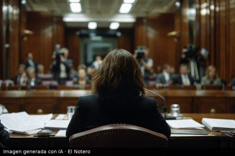 Una sala de audiencia parlamentaria con una legisladora de espaldas ante un micrófono y funcionarios desenfocados al fondo, con papeles sobre la mesa y luz de interior.