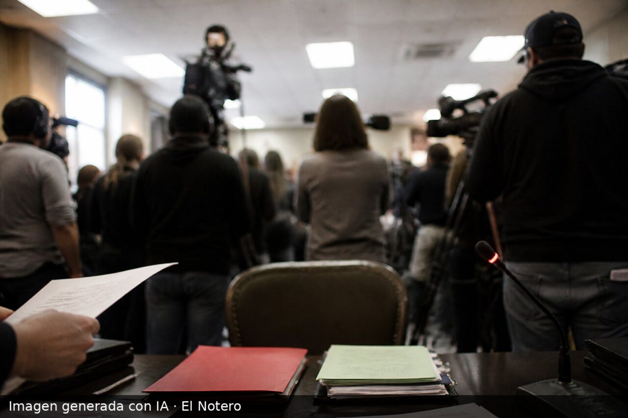Sala de prensa o reunión institucional con una silla vacía, carpetas sobre una mesa y una mano sosteniendo un documento, en un ambiente tenso y anónimo.