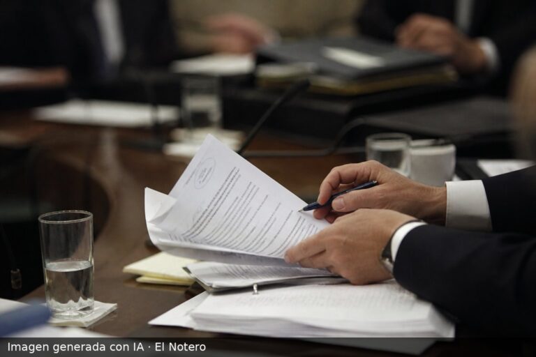 Primer plano de manos anónimas revisando y anotando papeles legislativos sobre una mesa de reunión, con carpetas y vasos desenfocados al fondo.