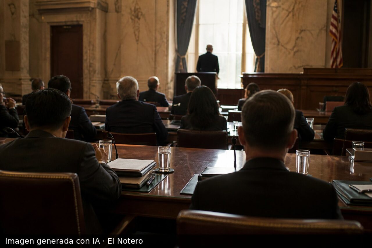 Vista desde atrás de una reunión formal en el Senado, con legisladores y una delegación sentados alrededor de una mesa larga, papeles y micrófonos sobre la mesa y una figura de pie junto a un atril.