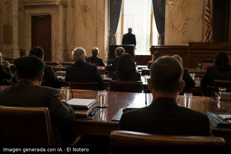 Vista desde atrás de una reunión formal en el Senado, con legisladores y una delegación sentados alrededor de una mesa larga, papeles y micrófonos sobre la mesa y una figura de pie junto a un atril.