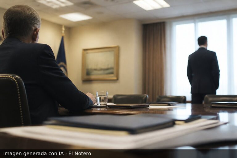Dos funcionarios anónimos en una sala de reuniones gubernamental, vistos de espaldas y de perfil, con documentos sobre la mesa y luz natural entrando por una ventana.