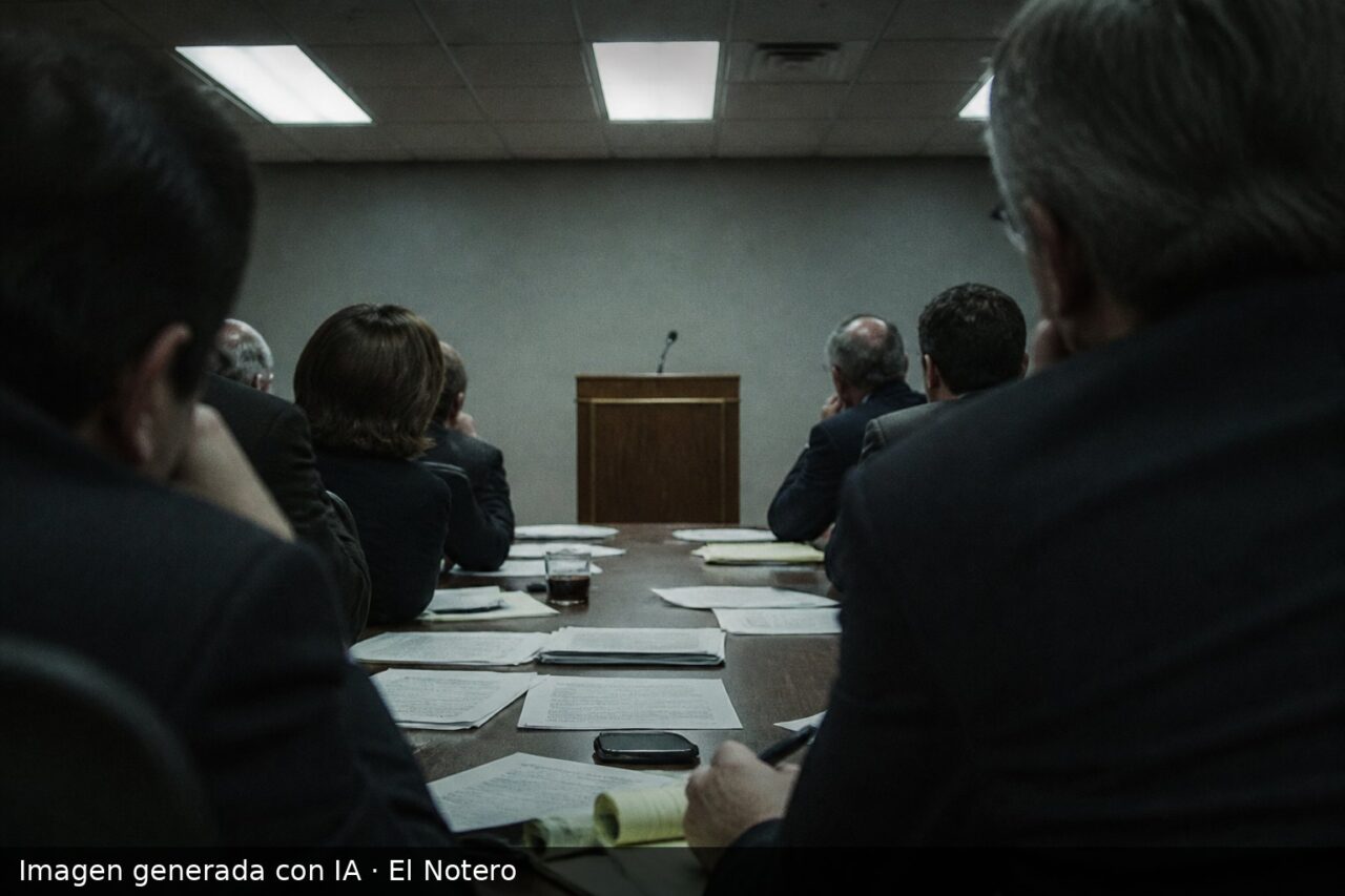 Reunión política vista desde el fondo, con personas anónimas alrededor de una mesa, papeles y un atril vacío bajo luz fría.