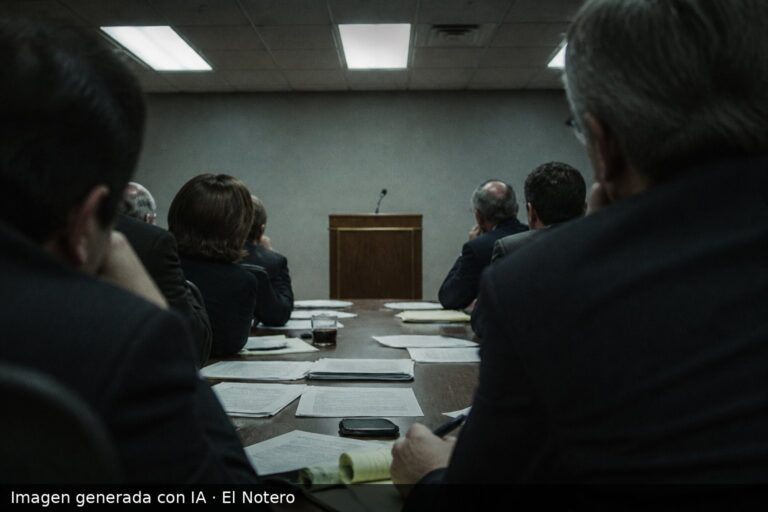 Reunión política vista desde el fondo, con personas anónimas alrededor de una mesa, papeles y un atril vacío bajo luz fría.