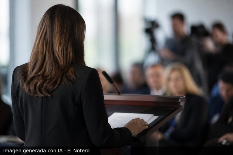 Una mujer de espaldas habla desde un atril, con otras personas desenfocadas detrás y luz de interior, en una escena de prensa.