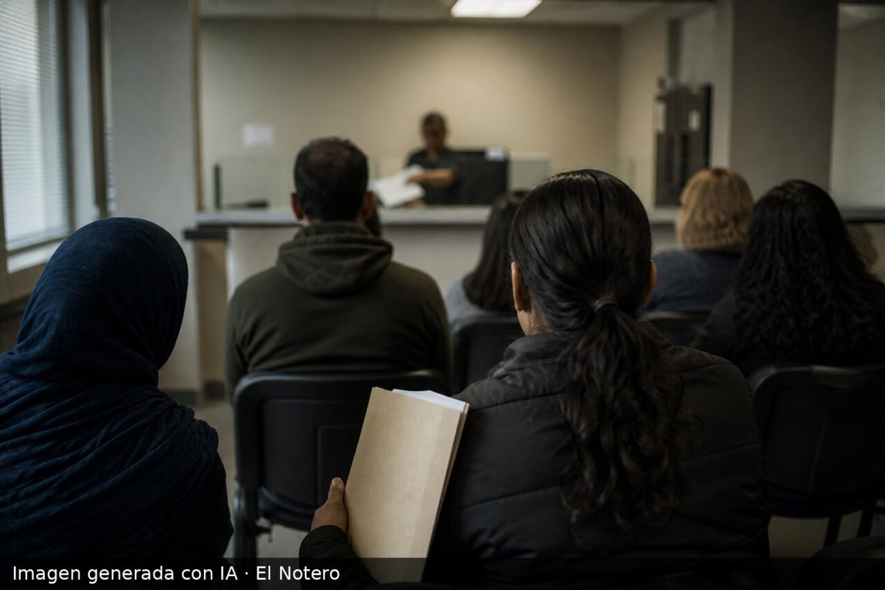 Interior de una oficina pública con personas en espera, un funcionario entrega papeles y una figura de espaldas sostiene un expediente.