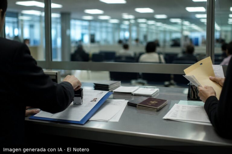 Personas anónimas revisan formularios y pasaportes en una oficina administrativa, con un sello sobre los papeles y salas de espera al fondo, sin rostros visibles.