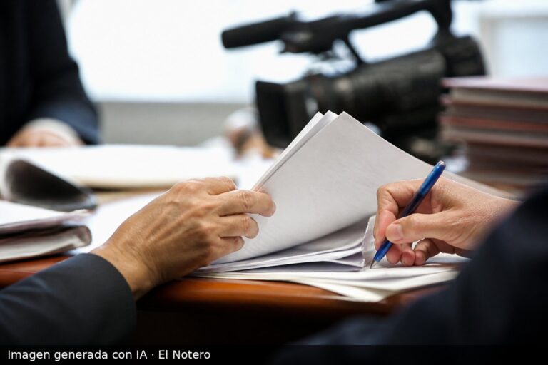 Primer plano de manos anónimas revisando papeles sobre una mesa de reunión, con una cámara de TV desenfocada al fondo.