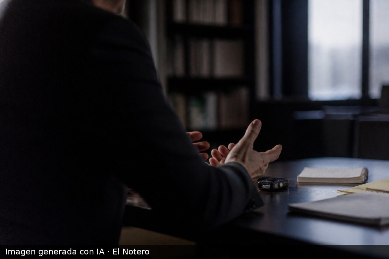 Una persona entrevistada de espaldas y de perfil, con las manos sobre una mesa y papeles delante, en un ambiente de prensa desenfocado y con luz natural.
