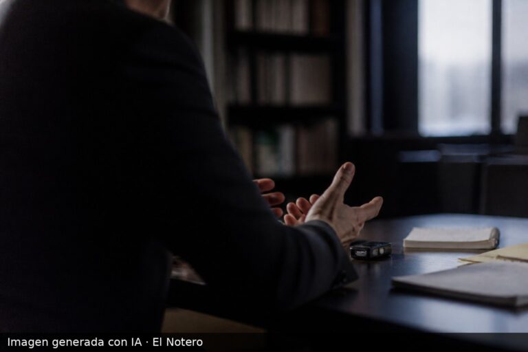 Una persona entrevistada de espaldas y de perfil, con las manos sobre una mesa y papeles delante, en un ambiente de prensa desenfocado y con luz natural.