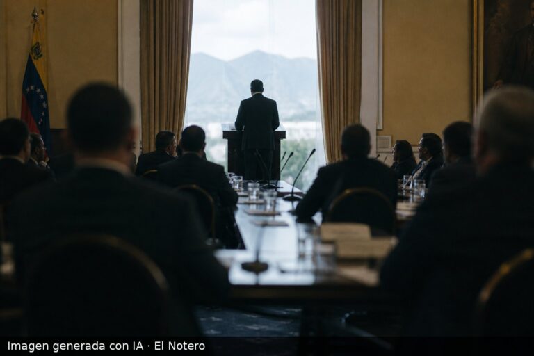 Sala de negociación institucional en Caracas vista desde atrás, con delegados anónimos alrededor de una mesa y una figura hablando al fondo, sin rostros visibles.