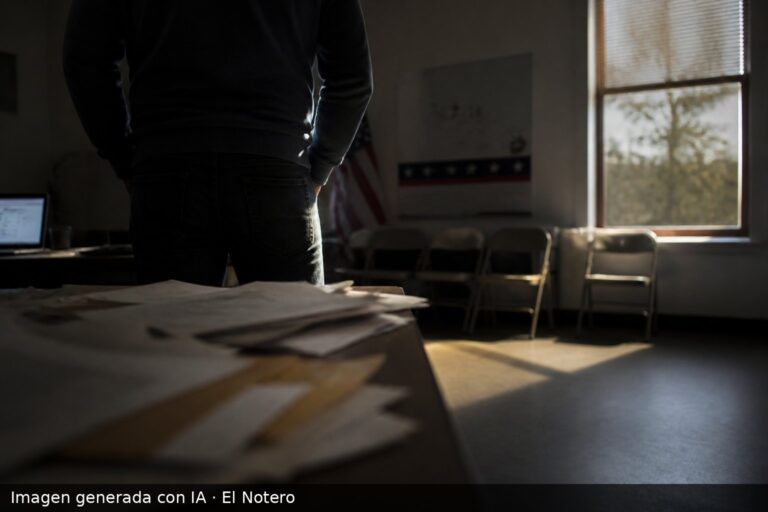 Interior de una oficina de campaña con un hombre de espaldas junto a una mesa, papeles y sillas vacías iluminados por la luz de la tarde.