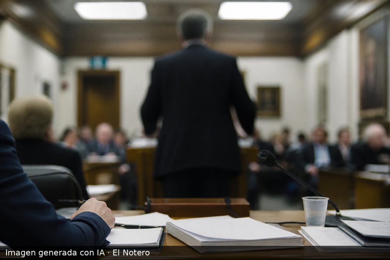 Sala de comisión parlamentaria con asistentes anónimos, una figura de espaldas hablando desde un atril y papeles sobre la mesa, en un clima institucional y sobrio.