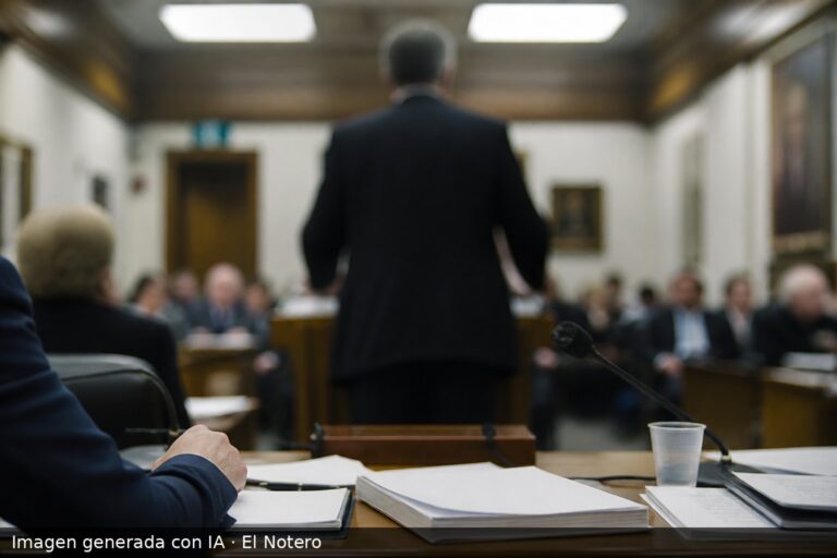 Sala de comisión parlamentaria con asistentes anónimos, una figura de espaldas hablando desde un atril y papeles sobre la mesa, en un clima institucional y sobrio.