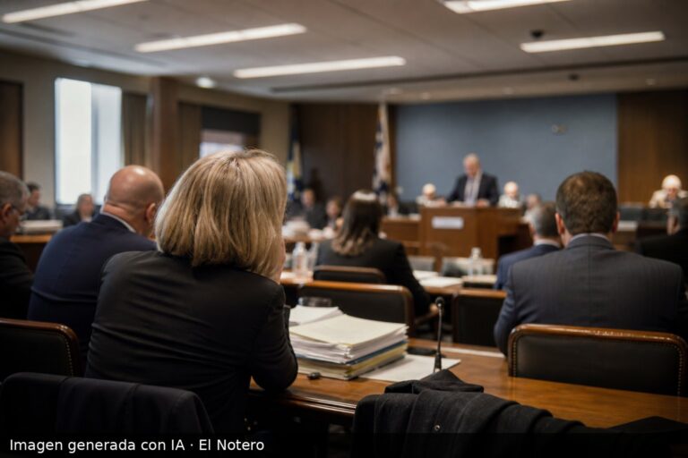 Vista desde el fondo de una sala de comisión parlamentaria, con personas sentadas alrededor de una mesa y un expositor desenfocado al frente, en un clima institucional y sin rostros visibles.