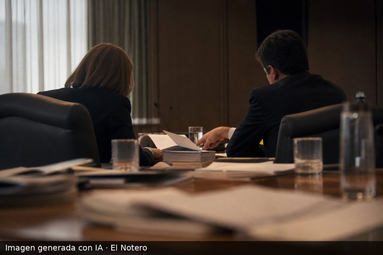 Dos delegados anónimos, vistos de espaldas en una mesa de reunión, revisan documentos junto a carpetas y vasos de agua en una sala tenue.