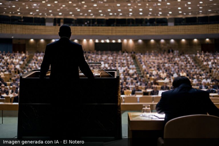 Plenario diplomático visto desde atrás, con una figura anónima en un atril y delegados sentados bajo luces de sala, sin rostros visibles.