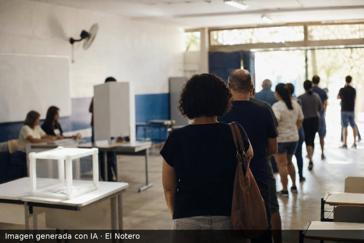 Personas anónimas haciendo fila y votando en un centro electoral, con urnas y cabinas de votación visibles en un ambiente de prensa.