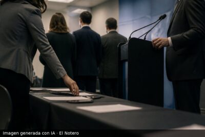 Una escena de reunión política con varias personas de espaldas y documentos sobre una mesa, en un interior institucional con luz fría.