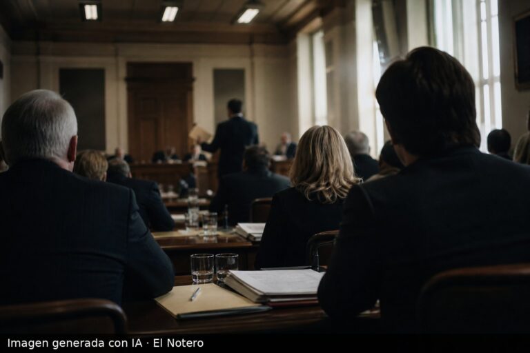 Sala de comisión parlamentaria con personas sentadas alrededor de una mesa y una figura de espaldas en el atril, en un clima de debate institucional.
